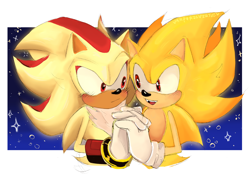 Size: 1600x1161 | Tagged: safe, artist:vampiricvirtue, shadow the hedgehog, sonic the hedgehog, blushing, duo, frown, gay, holding hands, looking at each other, shadow x sonic, shipping, smile, sparkles, wagging tail