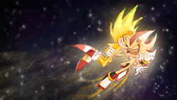 Size: 2048x1156 | Tagged: safe, artist:kyradrawss, shadow the hedgehog, sonic the hedgehog, super shadow, super sonic, abstract background, eyes closed, flying, gay, holding each other, shadow x sonic, shipping, smile, solo, sparkles, star (sky), super form