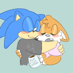 Size: 500x500 | Tagged: safe, artist:raccooncountry, miles "tails" prower, sonic the hedgehog, 2024, blushing, clothes, coffee, cute, duo, eyes closed, floppy ears, gay, green background, holding each other, hugging, mouth open, mug, one fang, shipping, shirt, simple background, smile, sonabetes, sonic x tails, tailabetes