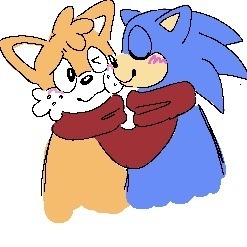 Size: 247x247 | Tagged: safe, artist:raccooncountry, miles "tails" prower, sonic the hedgehog, 2024, blushing, cute, duo, eyes closed, freckles, gay, kiss on cheek, looking at them, one eye closed, scarf, shipping, simple background, smile, sonabetes, sonic x tails, tailabetes, white background