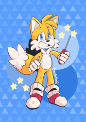 Size: 1447x2048 | Tagged: safe, artist:noodleblue5, miles "tails" prower, 2024, abstract background, eyebrow clipping through hair, holding something, looking at viewer, screwdriver, signature, smile, solo, standing, star (symbol)