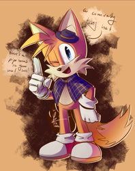 Size: 2048x2586 | Tagged: safe, artist:brainworms-all-night-long, miles "tails" prower, the murder of sonic the hedgehog, 2024, abstract background, english text, looking at viewer, mouth open, one eye closed, pointing, redraw, signature, smile, solo, standing