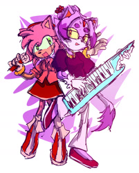Size: 1337x1665 | Tagged: safe, artist:bombchan, amy rose, blaze the cat, cat, hedgehog, 2024, amy x blaze, cute, female, females only, glasses, lesbian, microphone, shipping