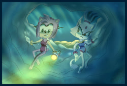 Size: 1600x1084 | Tagged: safe, artist:thenomo16, amy rose, blaze the cat, cat, hedgehog, 2021, amy x blaze, female, females only, lesbian, shipping, swimsuit, underwater