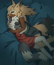 Size: 2048x2461 | Tagged: safe, artist:lynxbabey, tangle the lemur, whisper the wolf, abstract background, alternate outfit, bed, clothes, cute, eyes closed, holding each other, hugging, indoors, lesbian, pillow, shipping, shirt, shorts, sleeping, smile, snuggling, tangle x whisper