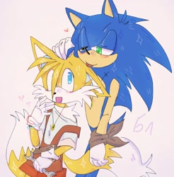 Size: 1920x1954 | Tagged: safe, artist:kptya, miles "tails" prower, sonic the hedgehog, 2024, aged up, belt, clothes, cute, duo, floppy ear, gay, heart, holding something, looking at each other, necklace, older, shipping, signature, simple background, smile, sonic x tails, standing, tongue out, wink, wrench