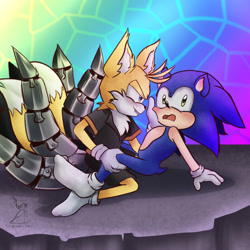 Size: 2000x2000 | Tagged: safe, artist:leblankainko, miles "tails" prower, nine, sonic the hedgehog, sonic prime, sonic prime s2, 2024, abstract background, blushing, duo, gay, lidded eyes, looking at them, looking at viewer, mouth open, nine x sonic, shipping, shoes off, sitting, smile, sonic x tails
