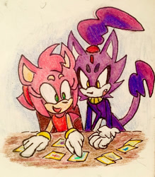 Size: 1024x1169 | Tagged: safe, artist:chazum, amy rose, blaze the cat, cat, hedgehog, 2017, amy x blaze, amy's halterneck dress, blaze's tailcoat, cute, female, females only, lesbian, looking at them, shipping, traditional media