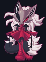 Size: 1050x1400 | Tagged: safe, artist:mitsvalen1, infinite the jackal, 2024, black background, crossdressing, dress, femboy, looking at viewer, outline, phantom ruby, simple background, solo, standing