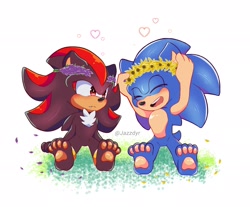 Size: 2048x1698 | Tagged: safe, artist:jazzdyr, shadow the hedgehog, sonic the hedgehog, 2024, barefoot, blushing, cute, duo, eyes closed, flower crown, frown, gay, gloves off, grass, heart, lavender, looking at them, one fang, pawpads, paws, shadow x sonic, shadowbetes, shipping, simple background, sitting, smile, sonabetes, sunflower, white background