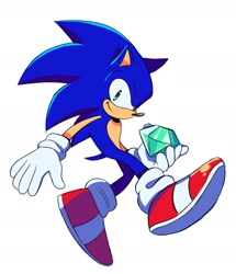 Size: 1316x1528 | Tagged: safe, artist:flatwoodsdaemon, sonic the hedgehog, 2024, chaos emerald, looking at viewer, simple background, smile, solo, standing, white background