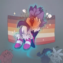 Size: 2048x2048 | Tagged: safe, artist:vagabondvani, amy rose, blaze the cat, silver the hedgehog, sonic the hedgehog, 2020, aaa, amy x blaze, blushing, cheering, covering face, flustered, gradient background, group, heart, lesbian, lesbian pride, lesbian visibility day, pride, pride flag, psychokinesis, shipping, signature, smile, solo focus, thumbs up