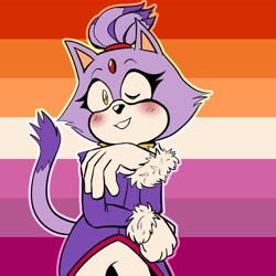 Size: 2048x2048 | Tagged: safe, artist:victorythorn24, blaze the cat, 2022, blushing, lesbian, lesbian pride, looking at viewer, outline, pride, pride flag, pride flag background, smile, solo, standing, wink