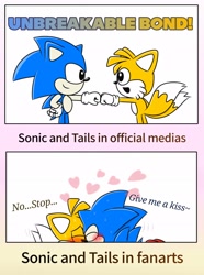 Size: 1526x2048 | Tagged: suggestive, artist:tailshisu, miles "tails" prower, sonic the hedgehog, 2024, blushing, cute, dialogue, english text, eyes closed, fistbump, gay, heart, shipping, simple background, sonic x tails, white background
