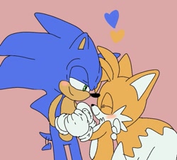 Size: 665x600 | Tagged: safe, artist:cuppylocker, miles "tails" prower, sonic the hedgehog, blushing, cute, duo, eyes closed, flat colors, gay, heart, holding hands, lidded eyes, looking at them, pink background, shipping, simple background, smile, sonic x tails, standing, wagging tail