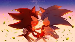 Size: 2048x1152 | Tagged: safe, artist:nenemyun, artist:this_lucas, shadow the hedgehog, sonic the hedgehog, 2024, dancing, duo, gay, gradient background, holding each other, holding hands, looking at each other, shadow x sonic, shipping, sonic boom (tv)