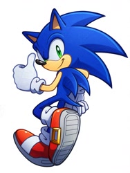 Size: 1536x2048 | Tagged: safe, artist:fronkus123, sonic the hedgehog, 2024, looking at viewer, looking back, looking back at viewer, simple background, smile, solo, thumbs up, white background