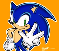 Size: 2048x1766 | Tagged: safe, artist:furdman02, sonic the hedgehog, 2024, hand on hip, looking offscreen, outline, redraw, signature, simple background, smile, solo, uekawa style, v sign, yellow background
