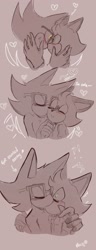 Size: 788x2048 | Tagged: safe, artist:uyuuuuii, barry the quokka, gadget the wolf, 2024, barrybetes, barryget, beige background, blushing, cute, dialogue, duo, english text, gay, heart, holding each other, kiss, monochrome, nonbinary, shipping, signature