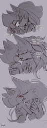 Size: 758x2048 | Tagged: safe, artist:uyuuuuii, barry the quokka, infinite the jackal, barrfinite, blushing, dialogue, duo, english text, eyes closed, first kiss, french kiss, gay, grey background, holding each other, holding hands, holding them, kiss, lidded eyes, looking at each other, looking at them, monochrome, nonbinary, shipping, simple background