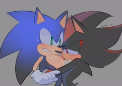 Size: 2048x1448 | Tagged: safe, artist:misurizou_09, shadow the hedgehog, sonic the hedgehog, 2024, blushing, duo, gay, grey background, holding them, licking, licking chest, lidded eyes, looking at them, shadow x sonic, shipping, simple background, standing, surprised, tongue out