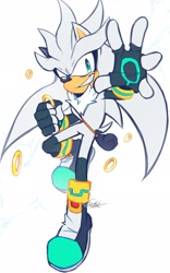 Size: 1279x2047 | Tagged: safe, artist:xeno25614, silver the hedgehog, 2024, alternate eye color, bag, fingerless gloves, looking at viewer, redesign, ring, signature, simple background, smile, socks, solo, turquoise eyes, white background
