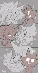 Size: 1089x2048 | Tagged: safe, artist:uyuuuuii, barry the quokka, gadget the wolf, infinite the jackal, 2024, barrfinite, duo, duo focus, gay, grey background, heart, holding each other, kiss, monochrome, nonbinary, shipping, signature, simple background, smile, sparkles, star (symbol), thumbs up, trio