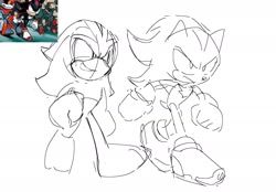 Size: 1859x1292 | Tagged: safe, artist:atonrg, eclipse the darkling, shadow the hedgehog, 2024, duo, frown, line art, looking ahead, looking offscreen, redraw, reference inset, simple background, sketch, smile, walking, white background