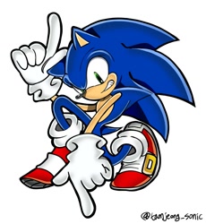 Size: 1159x1262 | Tagged: safe, artist:tamjeong_sonic, sonic the hedgehog, 2024, looking at viewer, pointing, signature, simple background, smile, solo, uekawa style, white background
