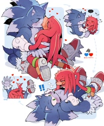 Size: 1219x1474 | Tagged: safe, artist:sk_rokuro, knuckles the echidna, sonic the hedgehog, 2024, blushing, duo, exclamation mark, gay, heart, holding each other, knuxonic, licking, licking face, licking lips, licking them, lying down, lying on them, shipping, signature, sonic the werehog, wagging tail, werehog