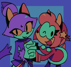 Size: 2048x1915 | Tagged: safe, artist:absinthecomet, amy rose, blaze the cat, cat, hedgehog, 2024, amy x blaze, cute, female, females only, holding hands, lesbian, looking at viewer, mario & sonic at the olympic games, mouth open, one eye closed, shipping, winter outfit