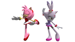 Size: 1280x720 | Tagged: safe, artist:sofisan08, amy rose, blaze the cat, cat, hedgehog, 2023, 3d, amy x blaze, cute, eyes closed, female, females only, gymnastic outfit, lesbian, mario & sonic at the olympic games, shipping