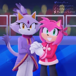 Size: 1024x1024 | Tagged: safe, artist:ruxluvsanic, amy rose, blaze the cat, cat, hedgehog, 2023, amy x blaze, cute, female, females only, holding hands, lesbian, looking at viewer, mario & sonic at the olympic games, redraw, shipping, smile, winter outfit