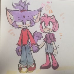 Size: 2048x2048 | Tagged: safe, artist:ieatbladeofgrass, amy rose, blaze the cat, 2024, alternate outfit, amy x blaze, blushing, clothes, duo, heart, holding hands, lesbian, lidded eyes, looking at each other, nervous, shipping, smile, standing, traditional media