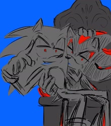 Size: 1806x2048 | Tagged: safe, artist:kyradrawss, shadow the hedgehog, sonic the hedgehog, 2024, blue background, duo, gay, hand on another's head, holding each other, lidded eyes, looking at viewer, monochrome, red eyes, shadow x sonic, shipping, simple background, sitting, sitting on lap, sketch, throne