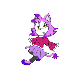 Size: 1280x1280 | Tagged: safe, artist:kittygamer2888, oc, cat, 2024, child, clothes, fankid, leggings, looking at viewer, magical lesbian spawn, mouth open, parent:amy, parent:blaze, parents:blazamy, shoes, simple background, skirt, solo, sweater, unnamed oc, white background