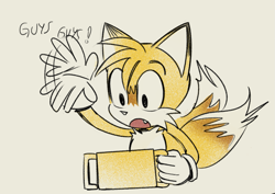 Size: 1313x927 | Tagged: safe, artist:maitroll, miles "tails" prower, dialogue, english text, holding something, looking at something, miles electric, mouth open, one fang, simple background, solo, yellow background