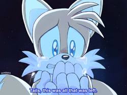 Size: 1800x1346 | Tagged: safe, artist:momodroid, miles "tails" prower, crying, dialogue, english text, gradient background, redraw, solo, sonic x, star (sky), tears, tears of sadness