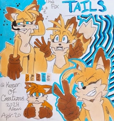 Size: 1914x2048 | Tagged: safe, artist:keeperofcreations, miles "tails" prower, 2024, brown gloves, character name, frown, signature, smile, solo, v sign, wink