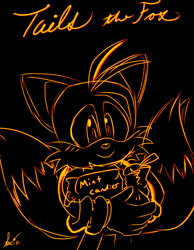 Size: 2048x2633 | Tagged: safe, artist:suzienightsky, miles "tails" prower, 2024, bag, black background, blushing, character name, holding something, line art, mint candy, neon, signature, simple background, smile, solo, standing