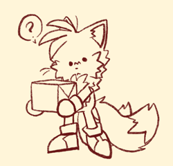Size: 1222x1171 | Tagged: safe, artist:donelywell, miles "tails" prower, 2024, :<, box, cute, frown, holding something, line art, looking at viewer, question mark, simple background, solo, standing