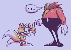 Size: 608x428 | Tagged: safe, artist:tuna-cereal-box, miles "tails" prower, robotnik, human, ..., 2024, cute, duo, holding something, looking at each other, present, purple background, simple background, smile, tailabetes