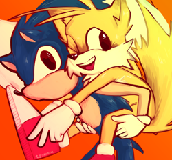 Size: 2048x1902 | Tagged: safe, artist:mosaixe, miles "tails" prower, sonic the hedgehog, 2024, duo, gradient background, looking at viewer, mouth open, riding on back, signature, smile, wink