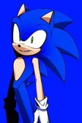 Size: 1366x2048 | Tagged: safe, artist:kou_sonic, sonic the hedgehog, 2024, blue background, looking at viewer, mouth open, simple background, smile, solo, standing