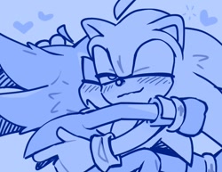 Size: 756x583 | Tagged: safe, artist:kittydragoo, shadow the hedgehog, sonic the hedgehog, 2024, blue, blue background, blushing, duo, eyes closed, gay, heart, holding each other, kiss on cheek, lidded eyes, monochrome, one eye closed, shadow x sonic, shipping, simple background, smile