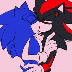 Size: 2048x2048 | Tagged: safe, artist:lexxz__077, shadow the hedgehog, sonic the hedgehog, 2024, duo, eyes closed, gay, grey background, holding each other, kiss, lidded eyes, looking at them, shadow x sonic, shipping, simple background, standing