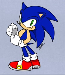 Size: 1778x2048 | Tagged: safe, artist:furdman02, sonic the hedgehog, 2024, looking at viewer, looking back, looking back at viewer, purple background, simple background, smile, solo, standing