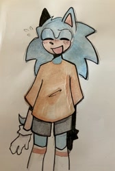 Size: 721x1075 | Tagged: safe, artist:dizzyfish777, sonic the hedgehog, 2024, blushing, clothes, cute, eyes closed, mouth open, shirt, shorts, smile, solo, sonabetes, standing, stockings, traditional media