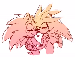 Size: 1677x1325 | Tagged: safe, artist:_bomb_chan_, silver the hedgehog, sonic the hedgehog, 2024, blushing, cute, duo, eyes closed, gay, heart, holding each other, hugging, monochrome, shipping, silvabetes, simple background, sketch, smile, sonabetes, sonilver, standing, white background