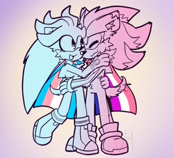 Size: 2048x1862 | Tagged: safe, artist:brasswired, shadow the hedgehog, silver the hedgehog, 2024, cape, cute, duo, eyes closed, gay, genderfluid, genderfluid pride, gradient background, hugging, looking at them, monochrome, pride, pride flag, shadow x silver, shadowbetes, shipping, signature, silvabetes, smile, standing, top surgery scars, trans male, trans pride, trans visibility day, transgender